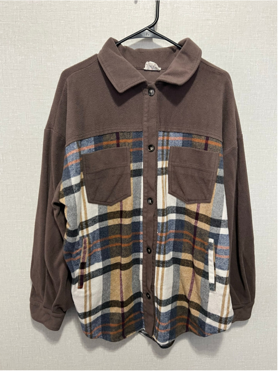 BiBi Tops - BIBI Brown Plaid Fleece Button Front Flannel Shacket With Chest Pockets